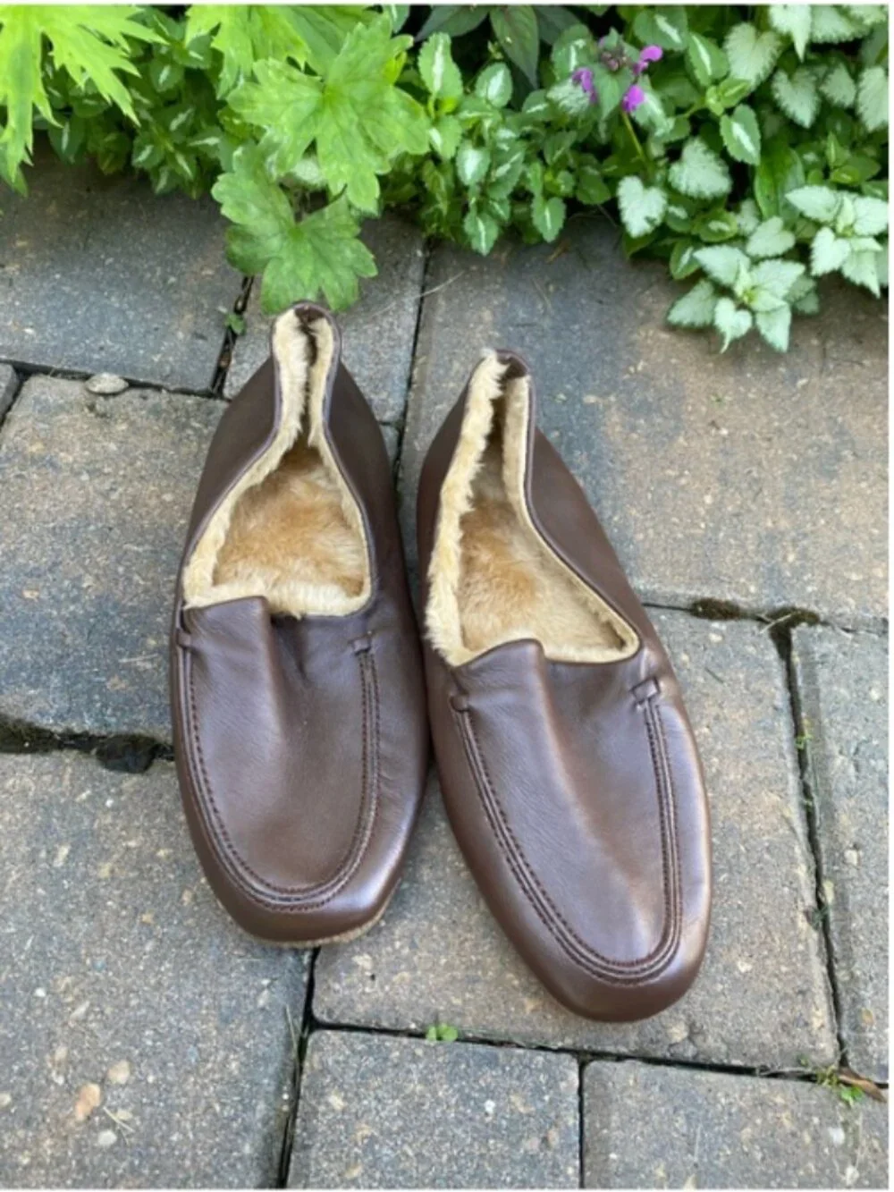 Men’s Brown Leather Moccasin Slippers, Faux Fur Lined, Size 9 Summer Sale